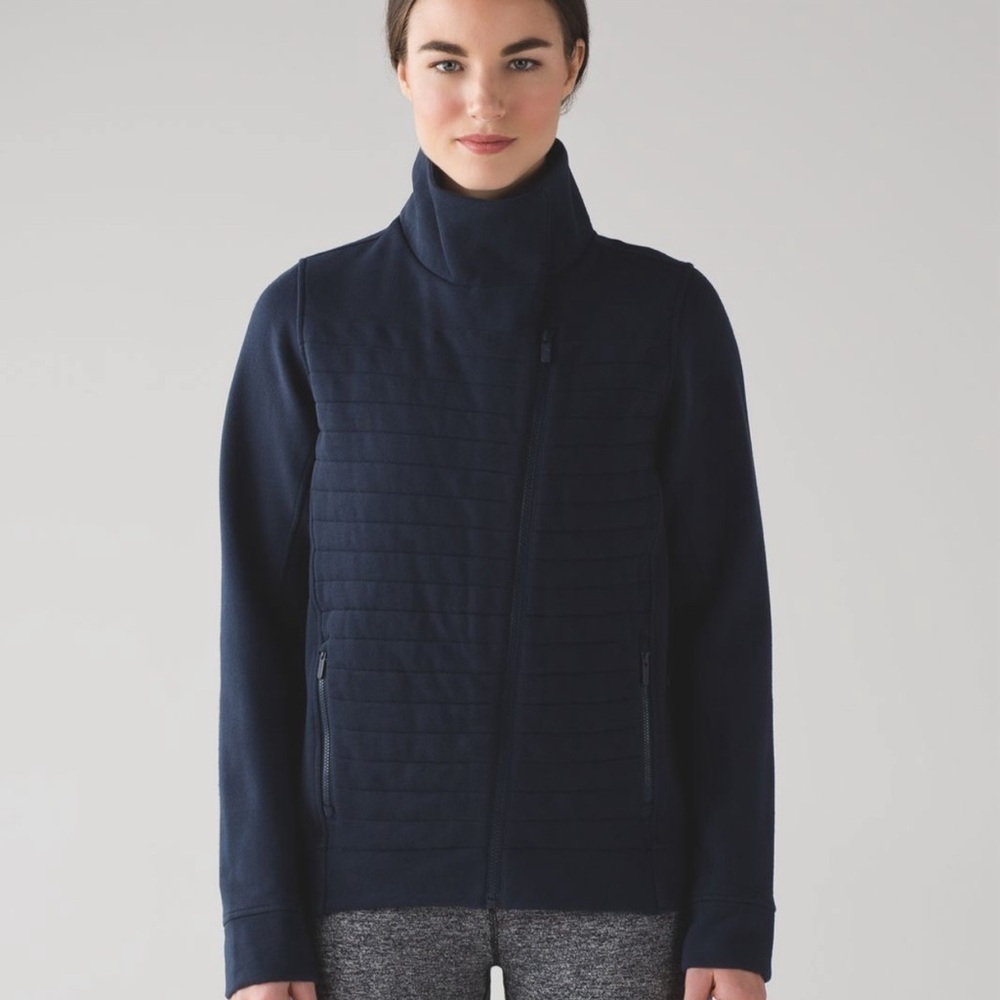 Lululemon Fleece Be True Jacket Relaxed Fit Diagonal Full Zip Size 10 Navy Blue